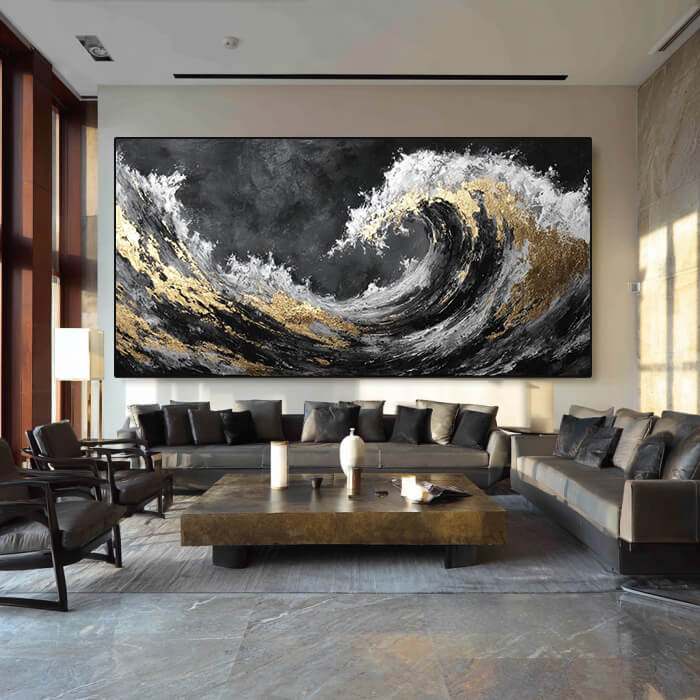 The Silent Roar - Modern Black and White Sea Wave Oil Painting