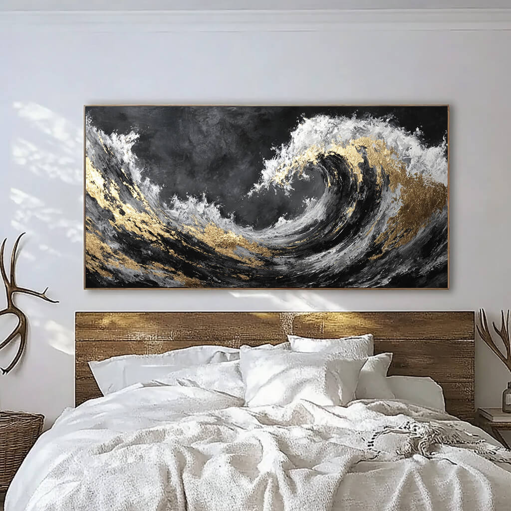The Silent Roar - Modern Black and White Sea Wave Oil Painting