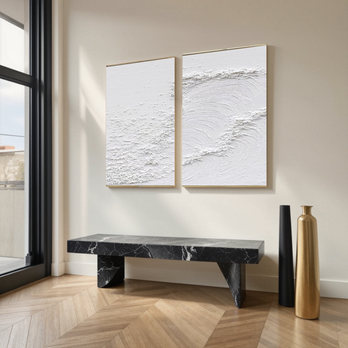 3D Textured White Layered Wave Wall Art Set of 2