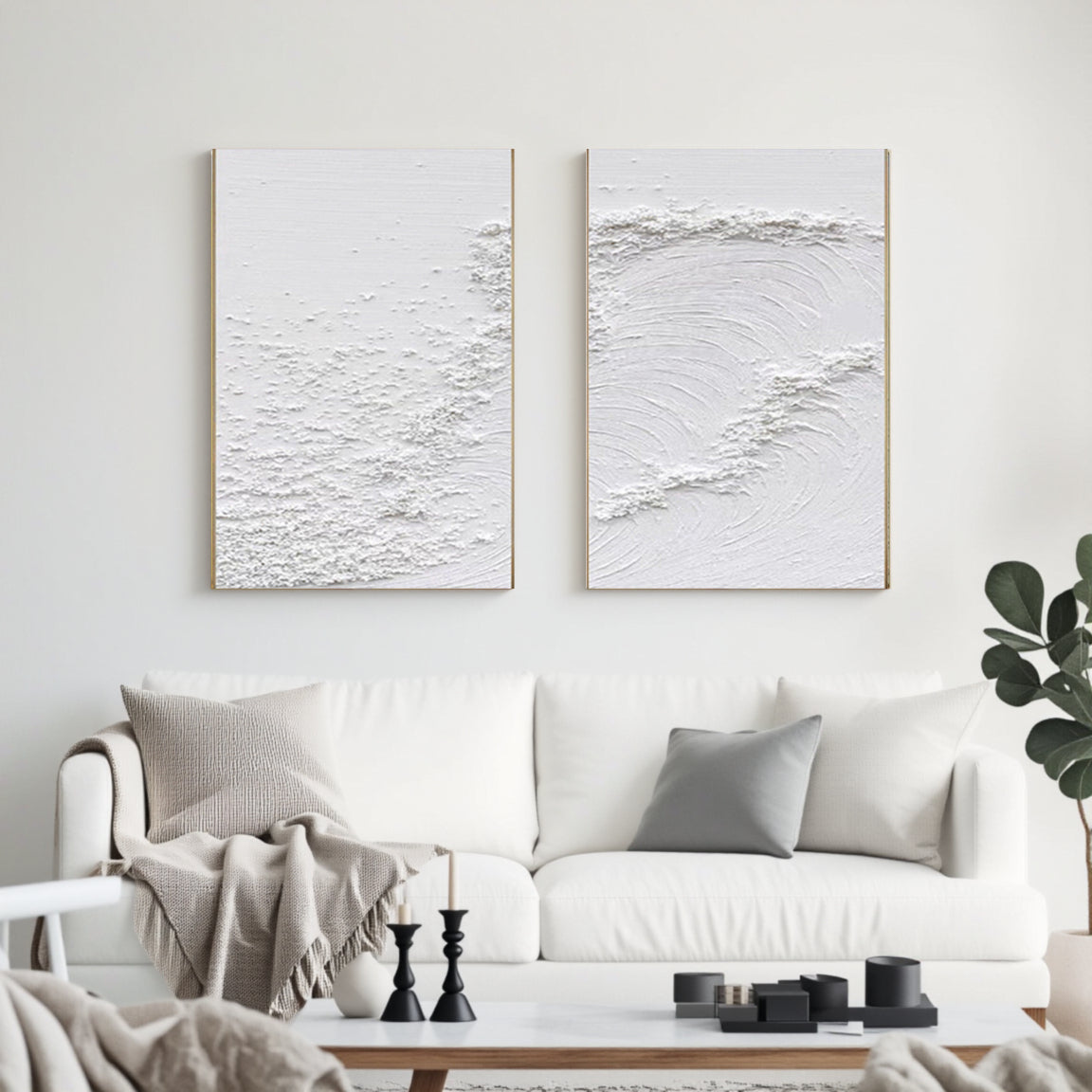 3D Textured White Layered Wave Wall Art Set of 2