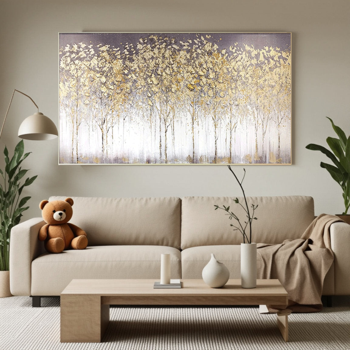 Sculptural Golden White Blossom Forest Canvas