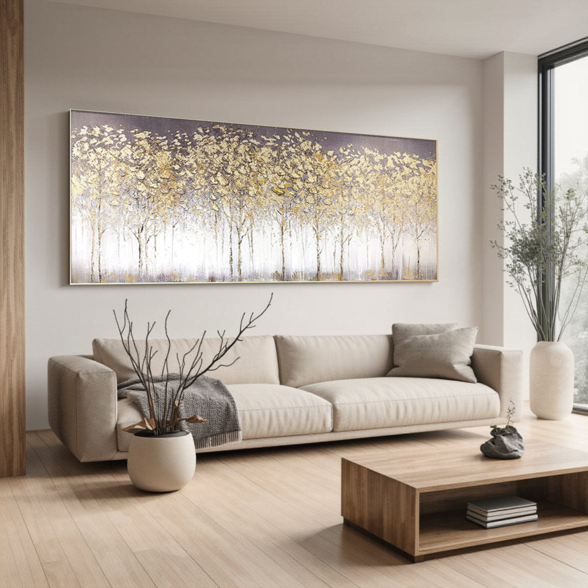 Sculptural Golden White Blossom Forest Canvas