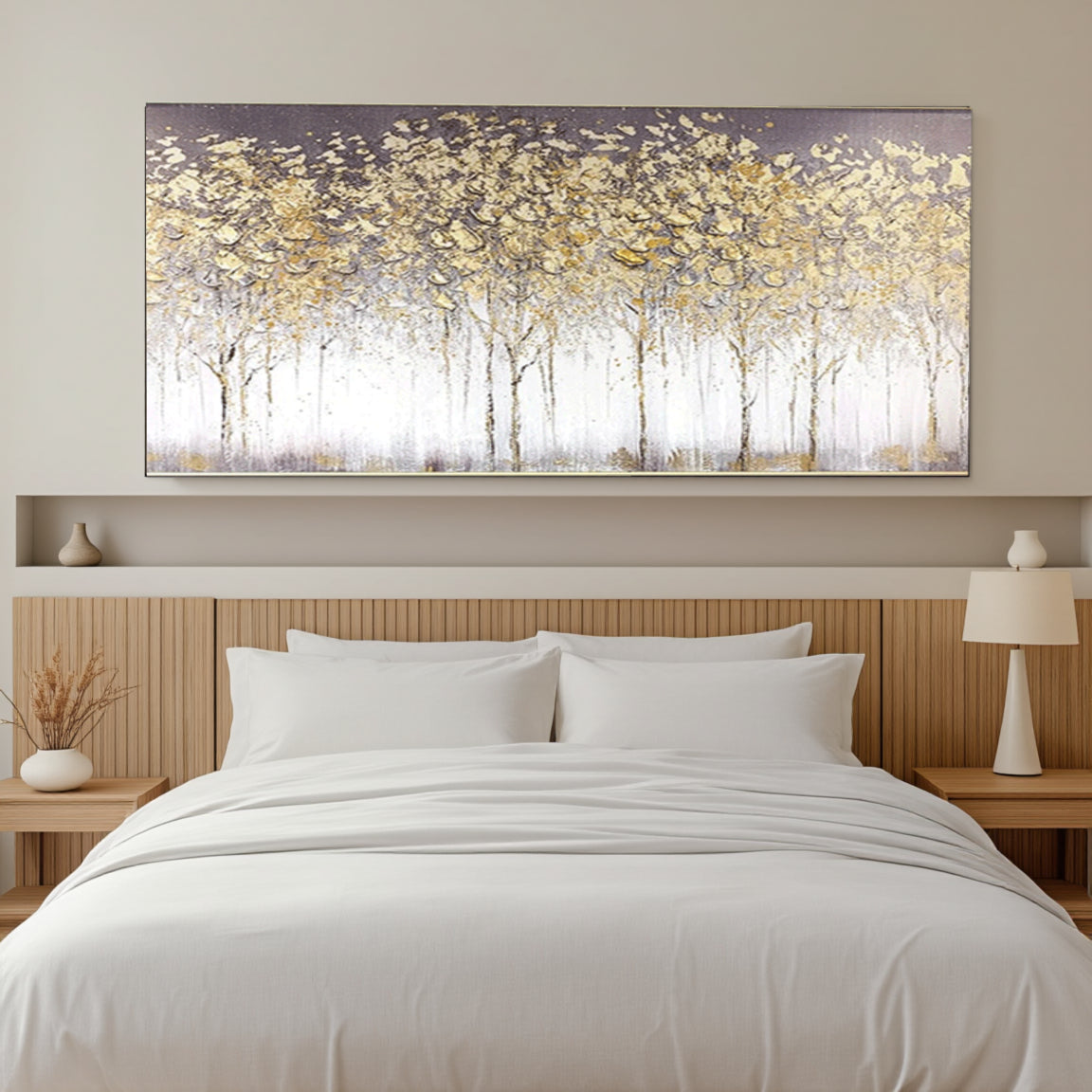 Sculptural Golden White Blossom Forest Canvas