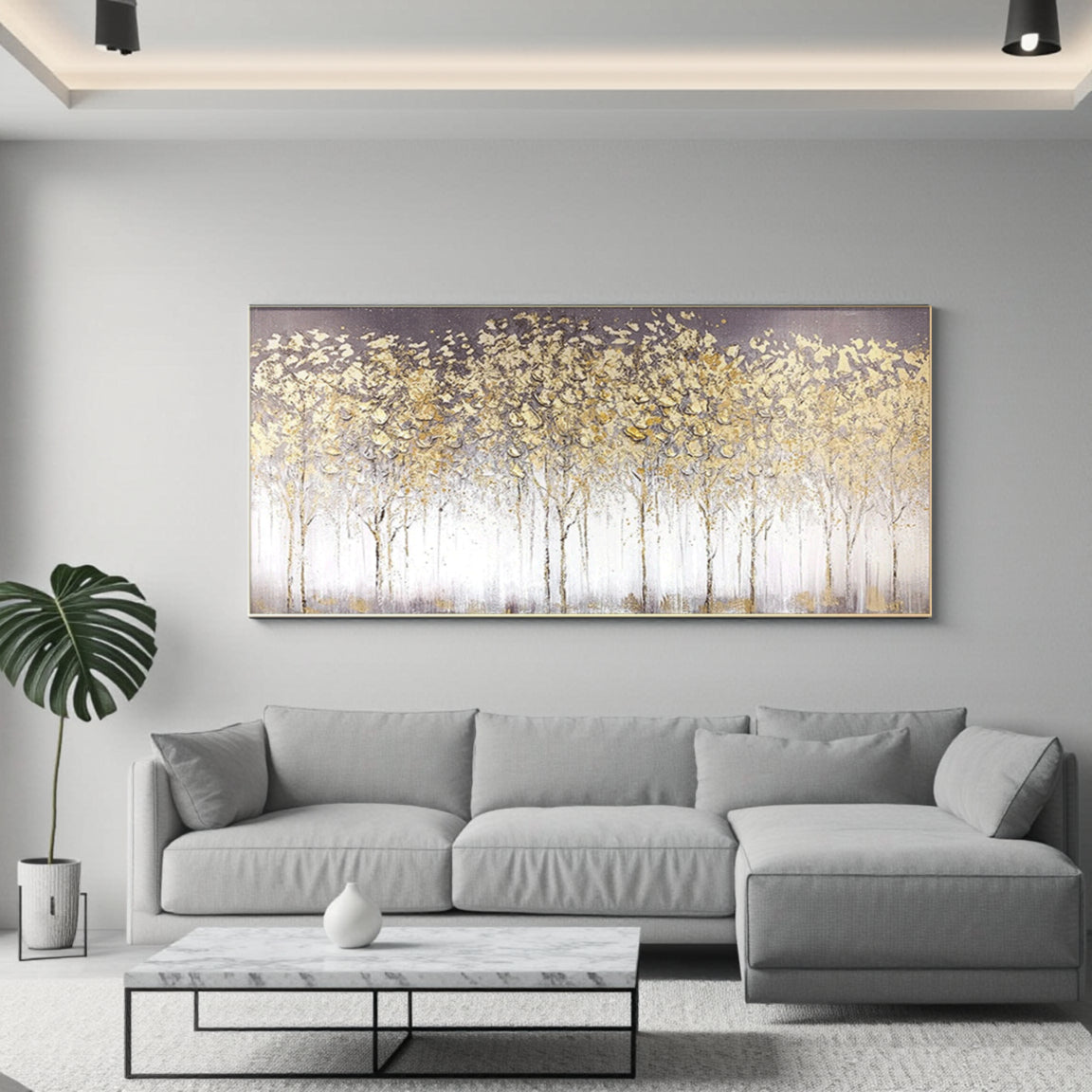 Sculptural Golden White Blossom Forest Canvas