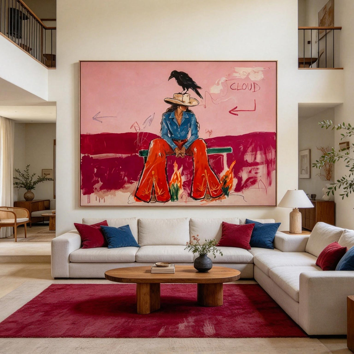 Vintage Americana Art | Blush Pink Cowgirl & Crow Western Oil Painting