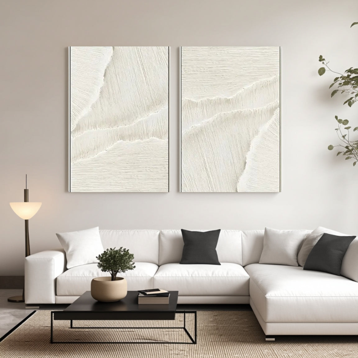Textured White Diagonal Canvas Set of 2