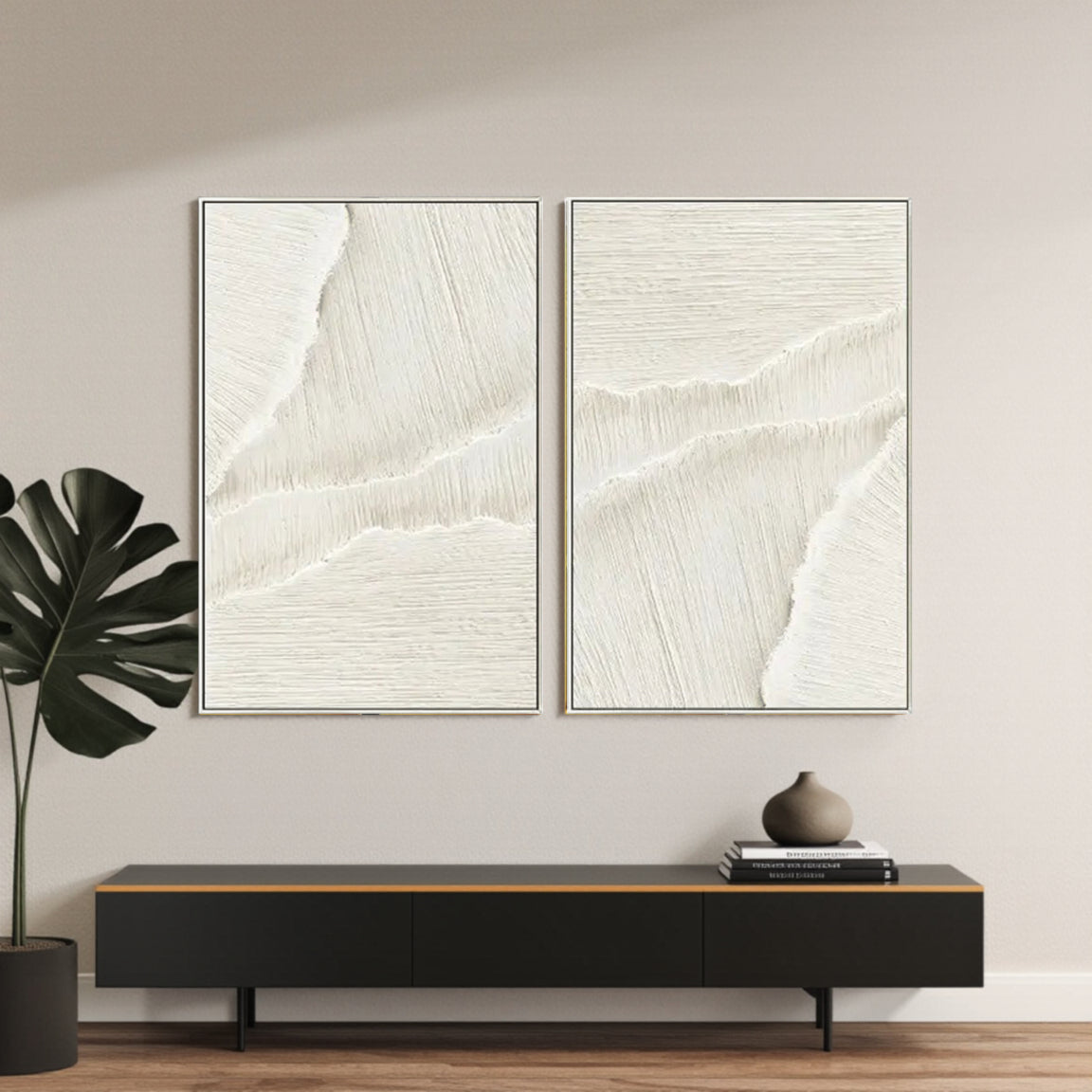 Textured White Diagonal Canvas Set of 2