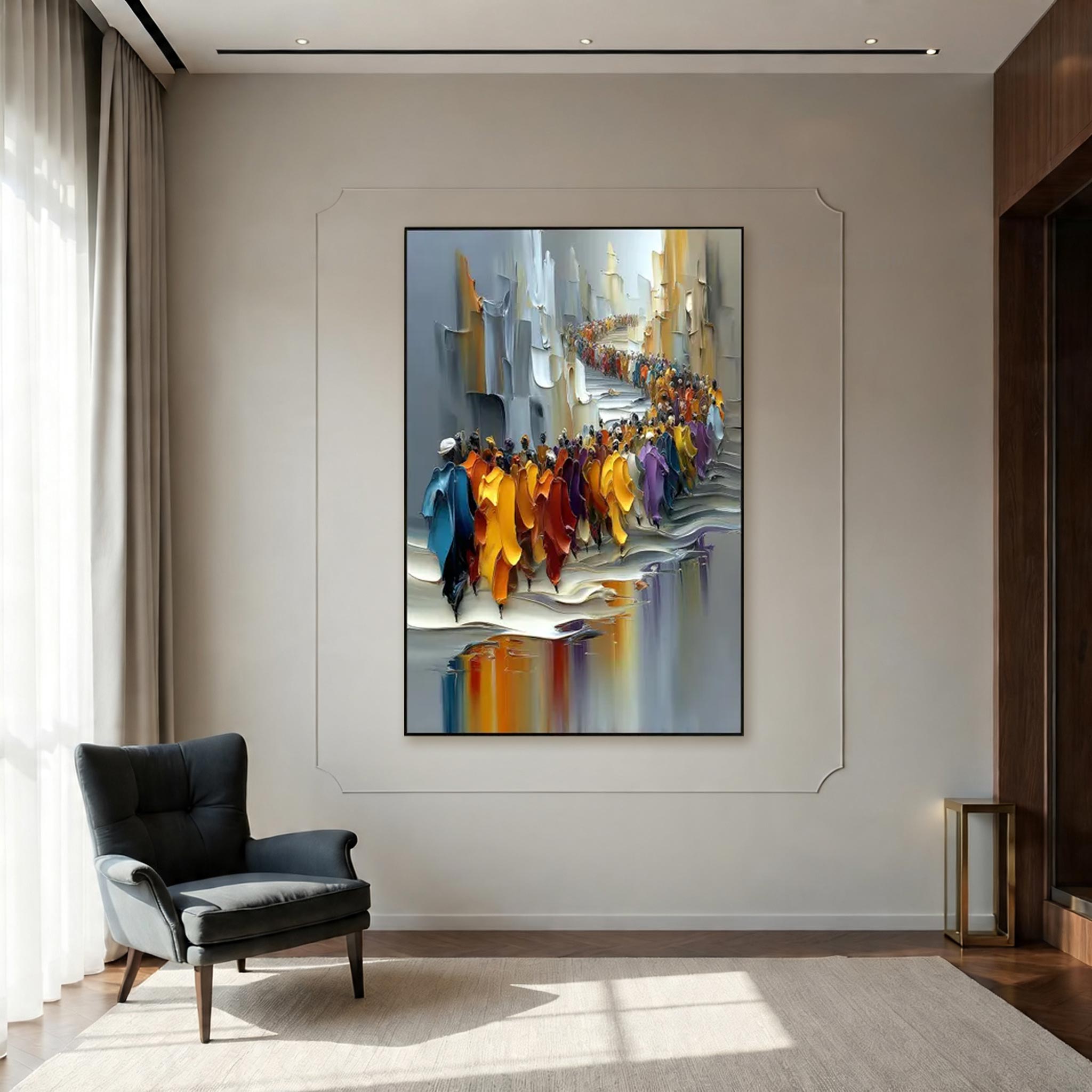 Large Colorful Crowd Procession Canvas Painting