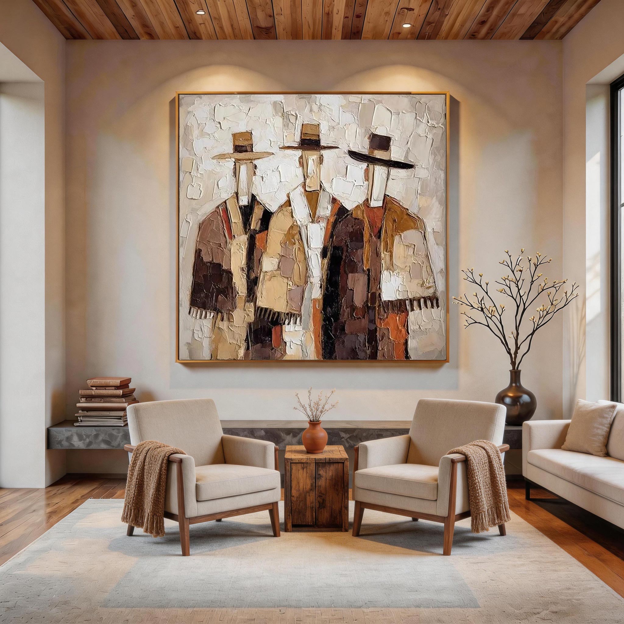 Textured Three Figures Painting | Warm Earth Tones