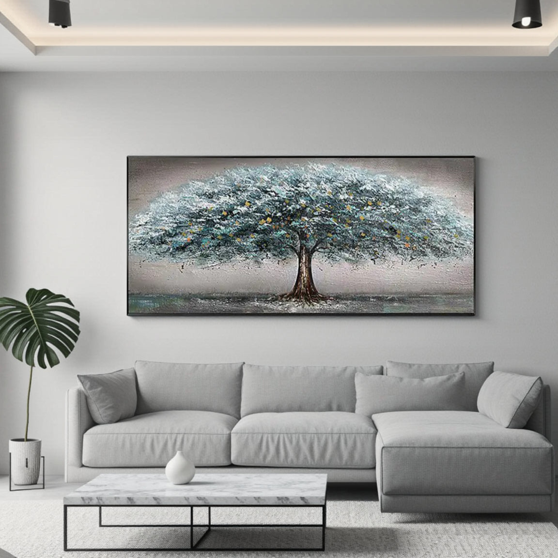 Blue Green Textured Tree Canvas Wall Art