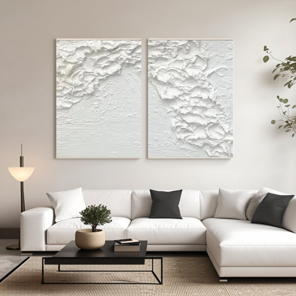 White Minimalist Textured Paintings Canvas Set of 2
