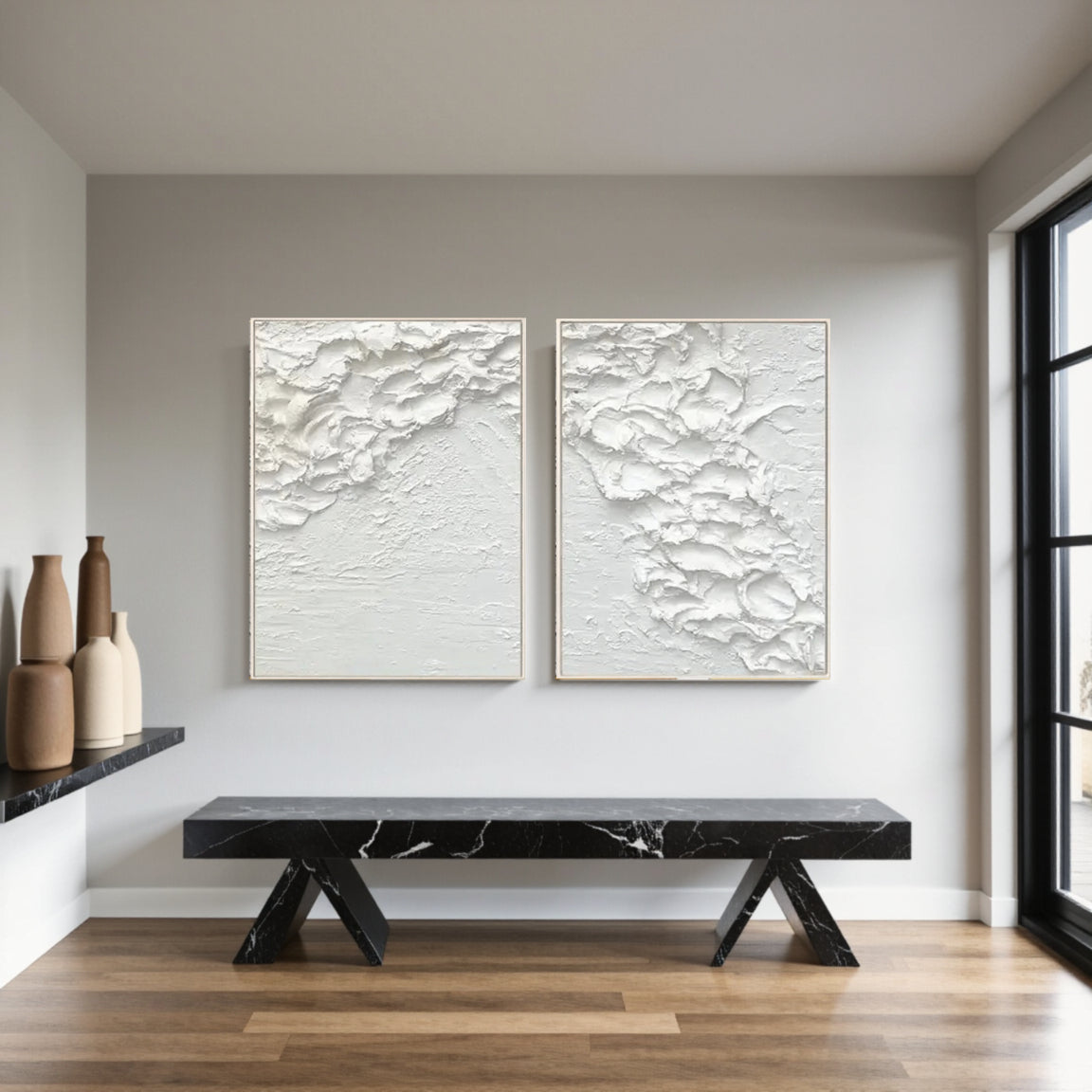 White Minimalist Textured Paintings Canvas Set of 2