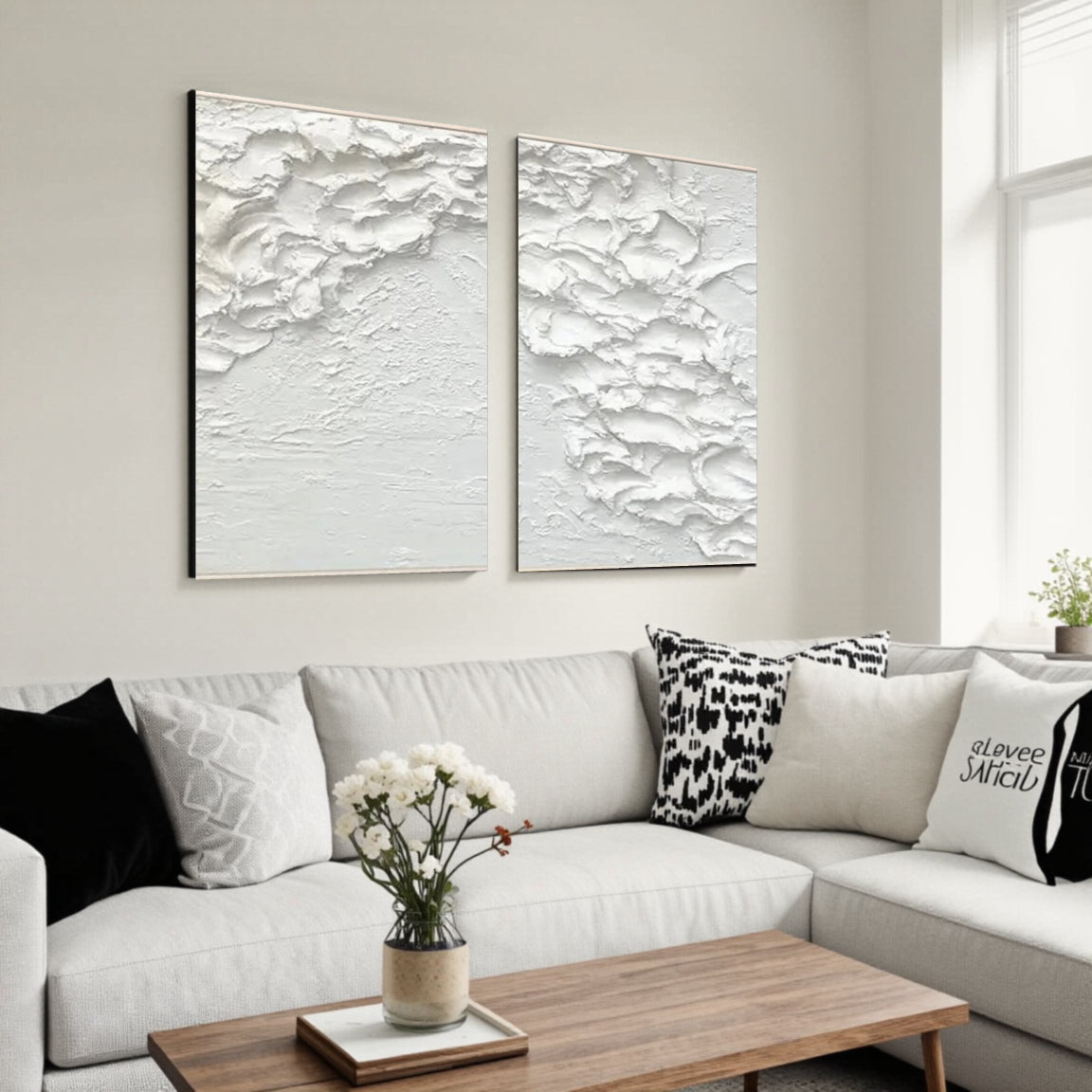 White Minimalist Textured Paintings Canvas Set of 2
