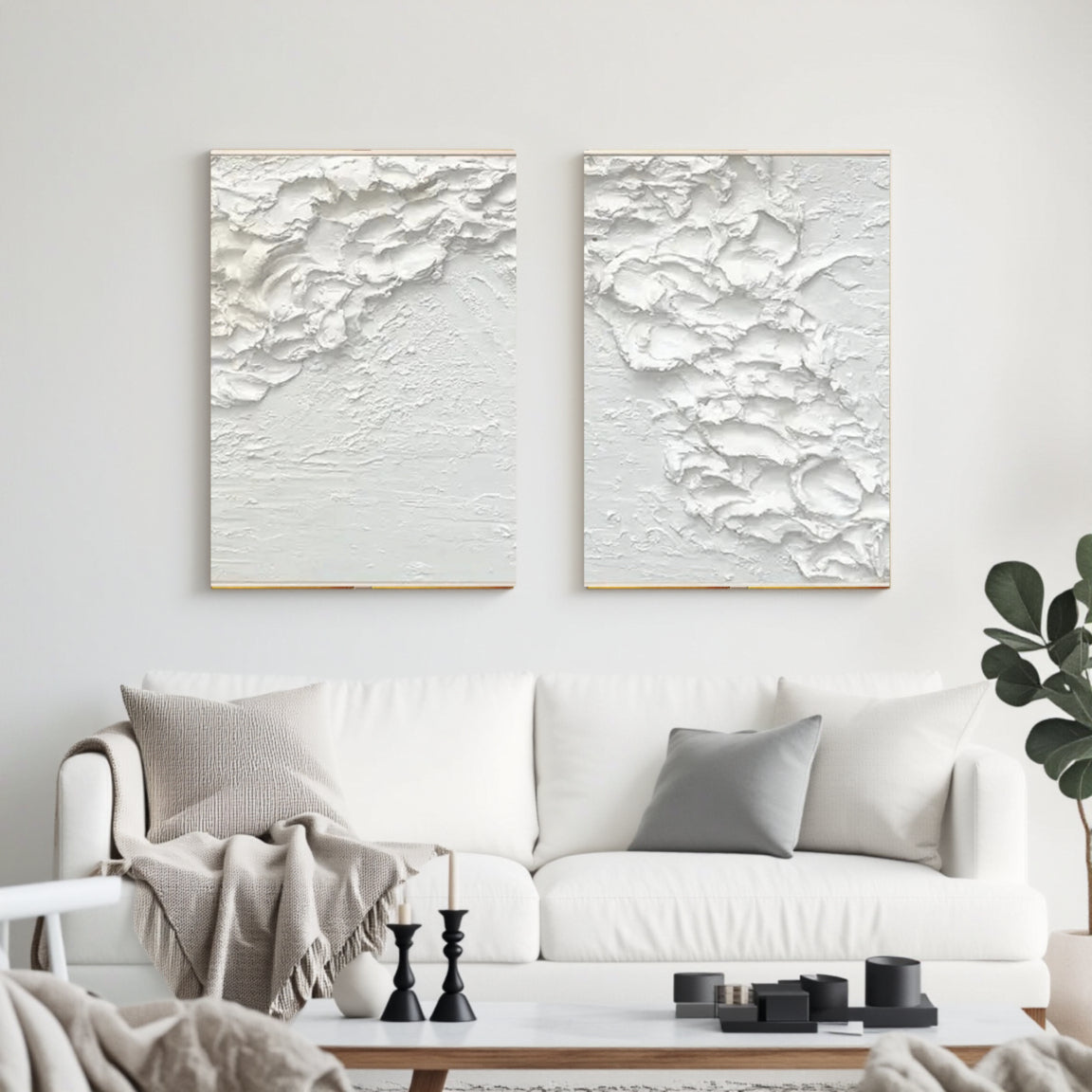 White Minimalist Textured Paintings Canvas Set of 2
