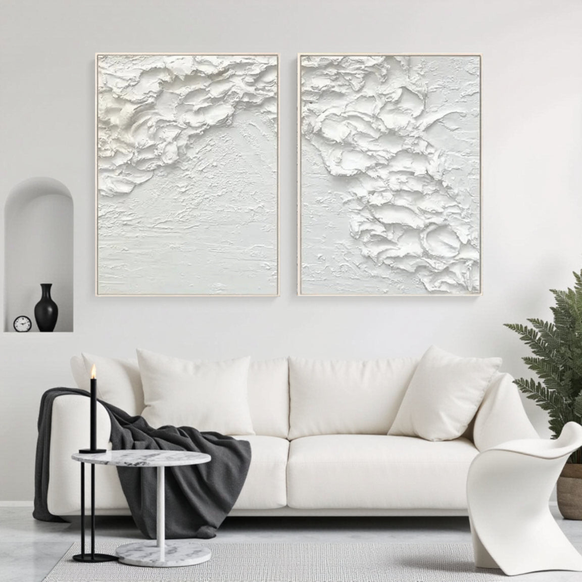 White Minimalist Textured Paintings Canvas Set of 2