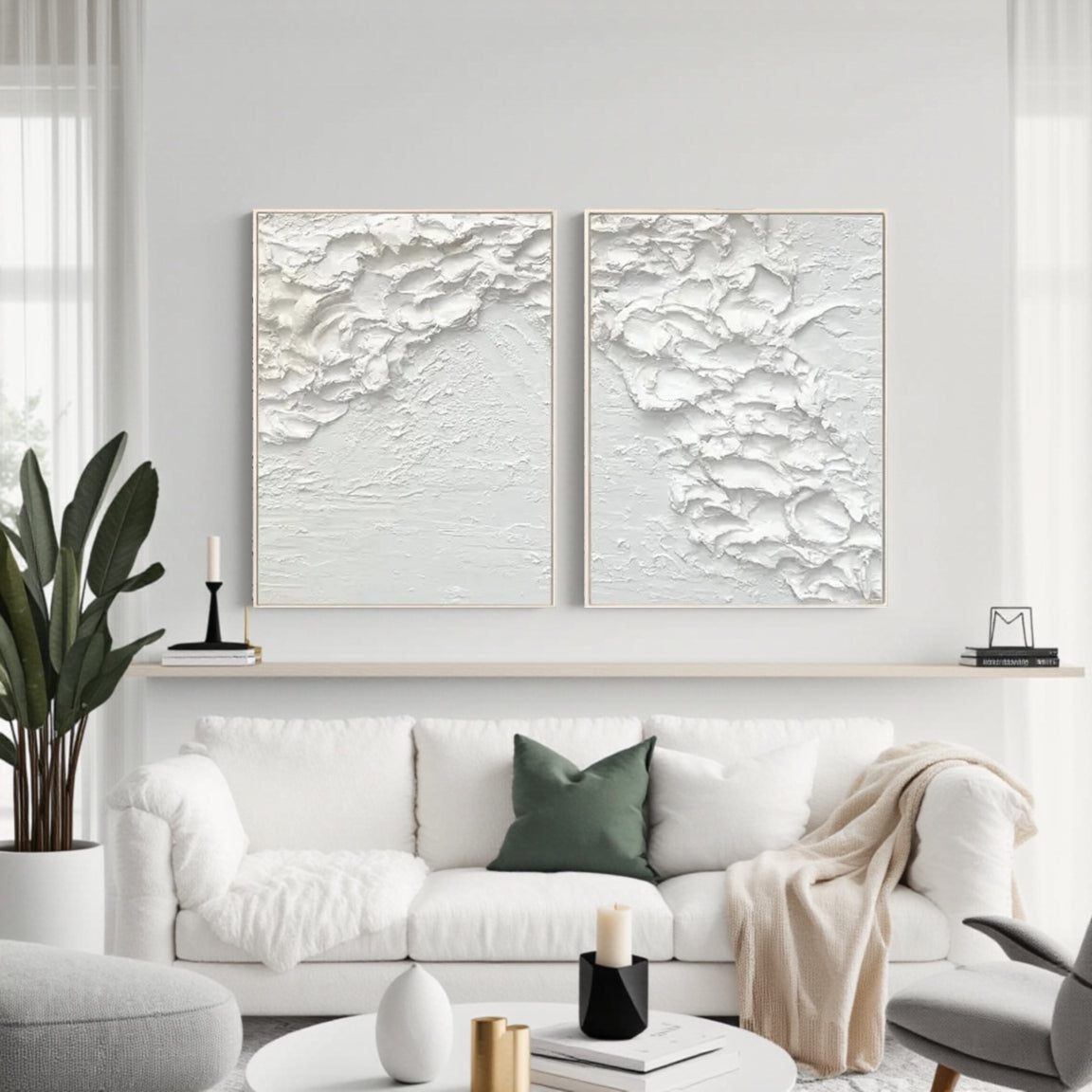 White Minimalist Textured Paintings Canvas Set of 2