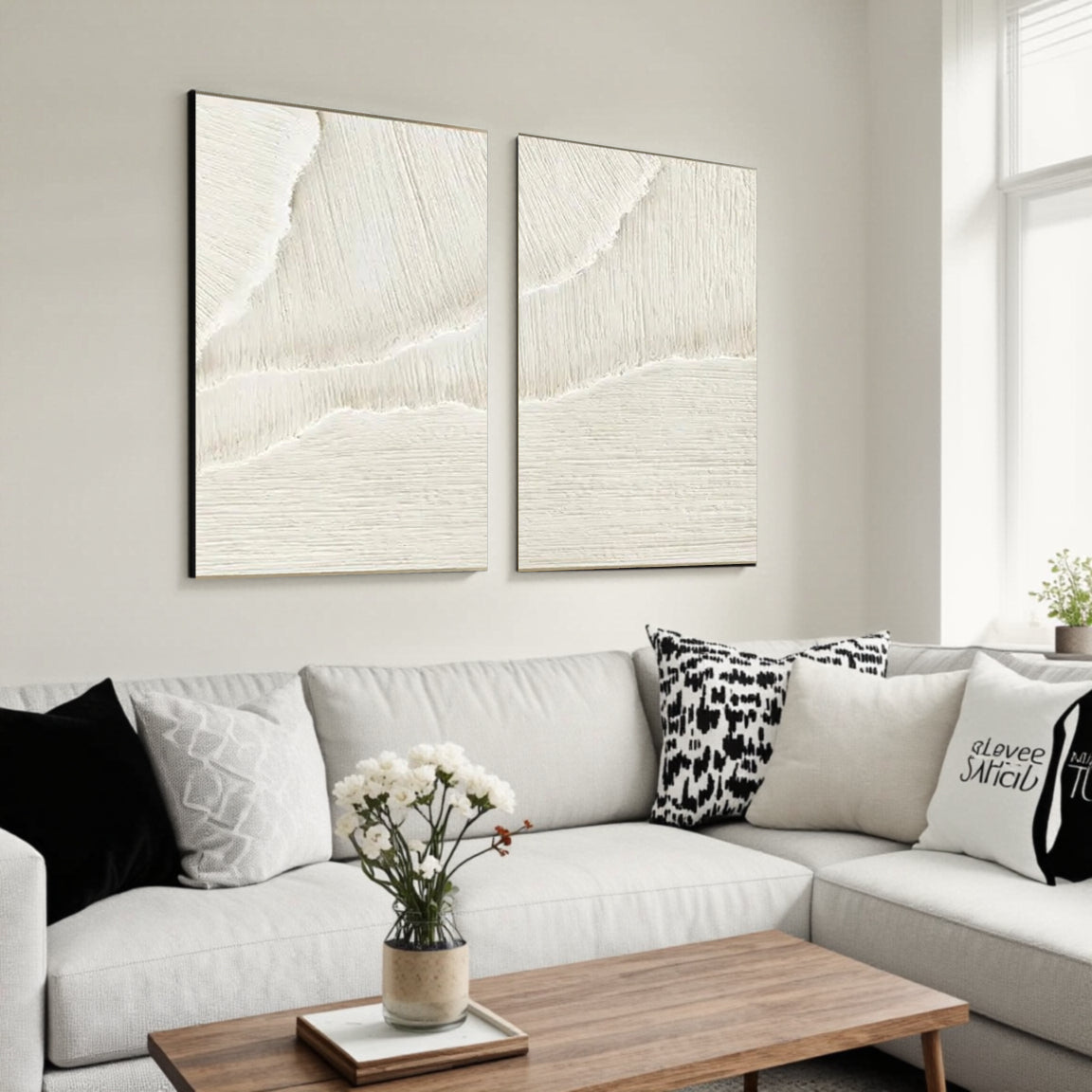 Sculptural Scratch Line White Wall Art Set of 2