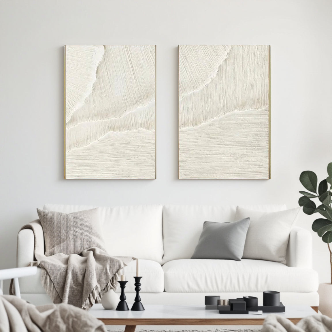 Sculptural Scratch Line White Wall Art Set of 2