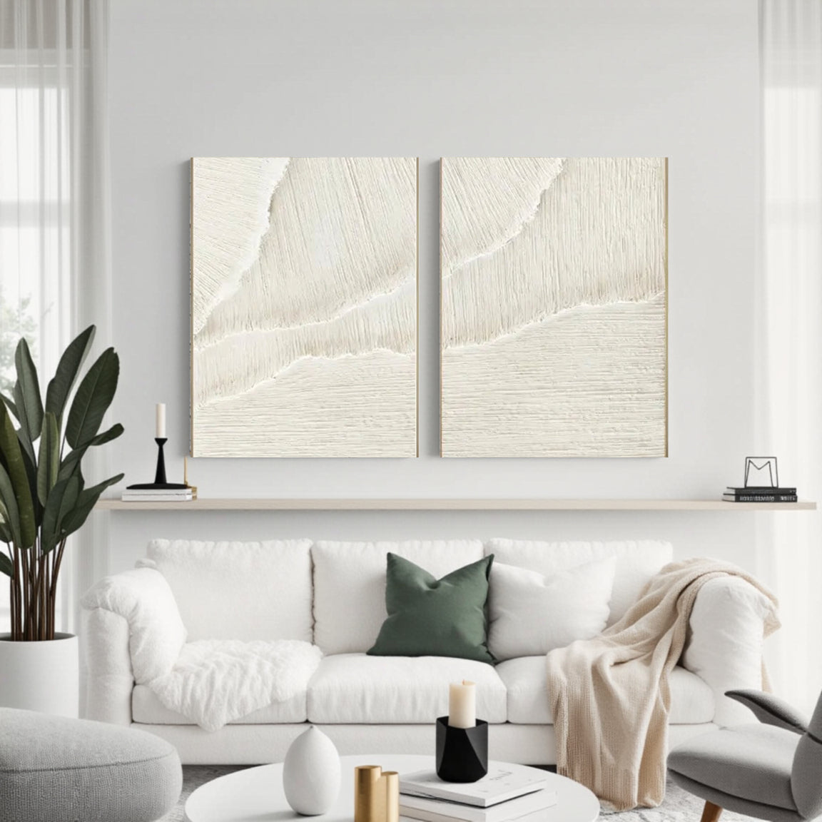 Sculptural Scratch Line White Wall Art Set of 2