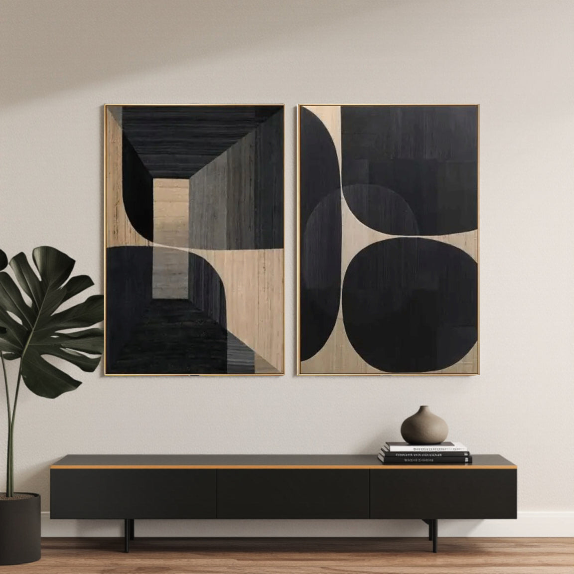 Textured Black Geometric Shape Wall Art Set of 2