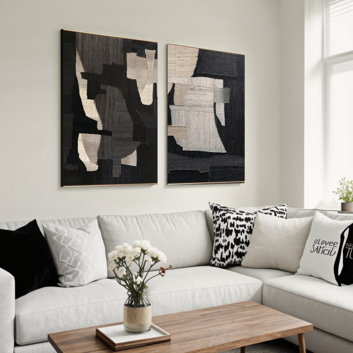 Textured Black & White Figure Collage Wall Art Set of 2