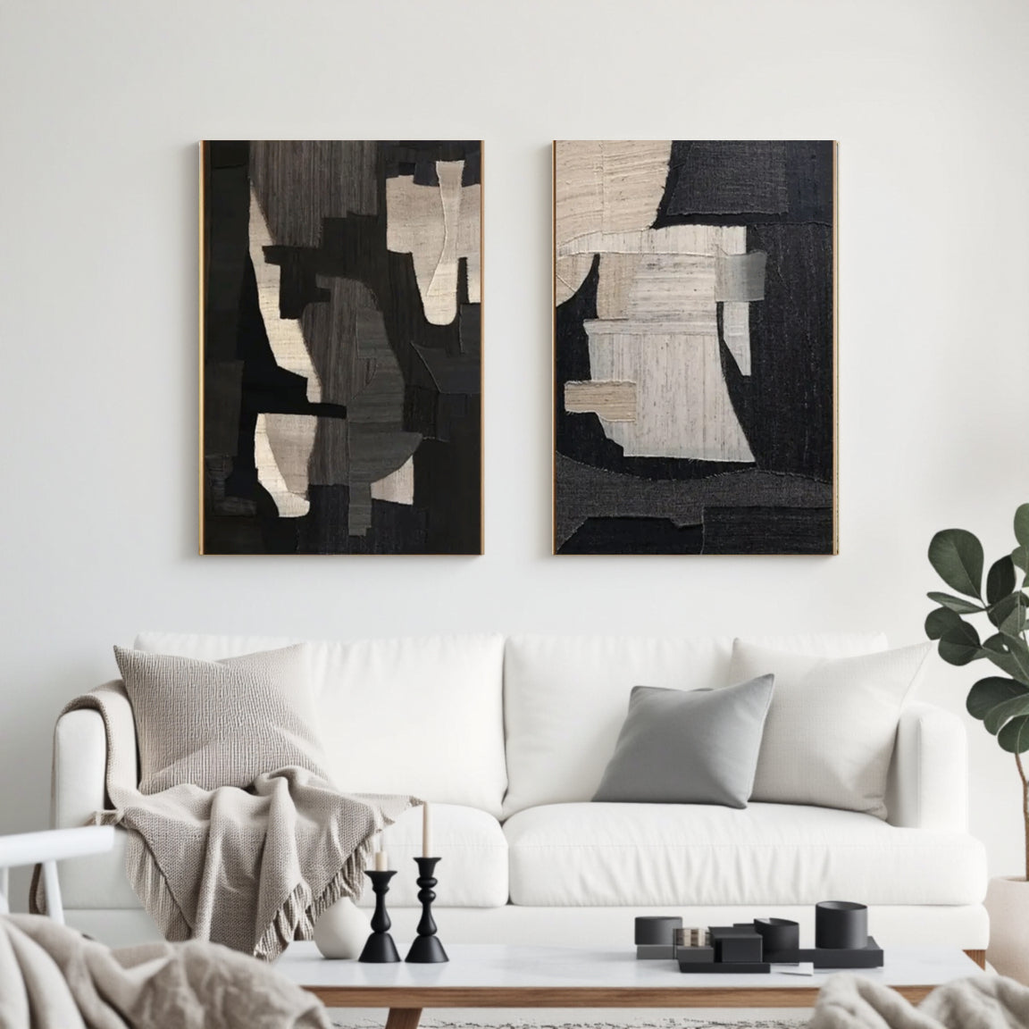 Textured Black & White Figure Collage Wall Art Set of 2