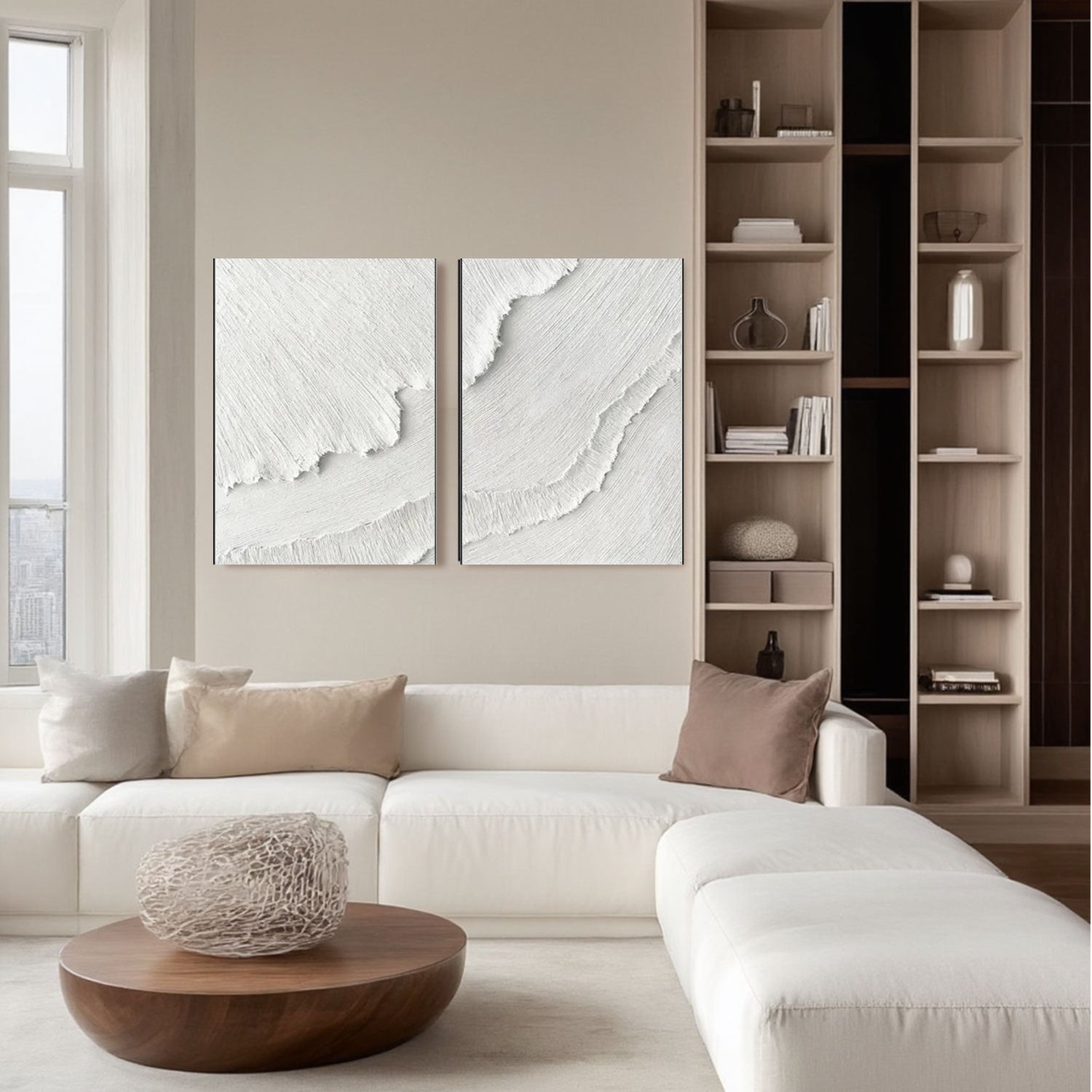 3D Textured White Diagonal Flow Wall Art Set of 2