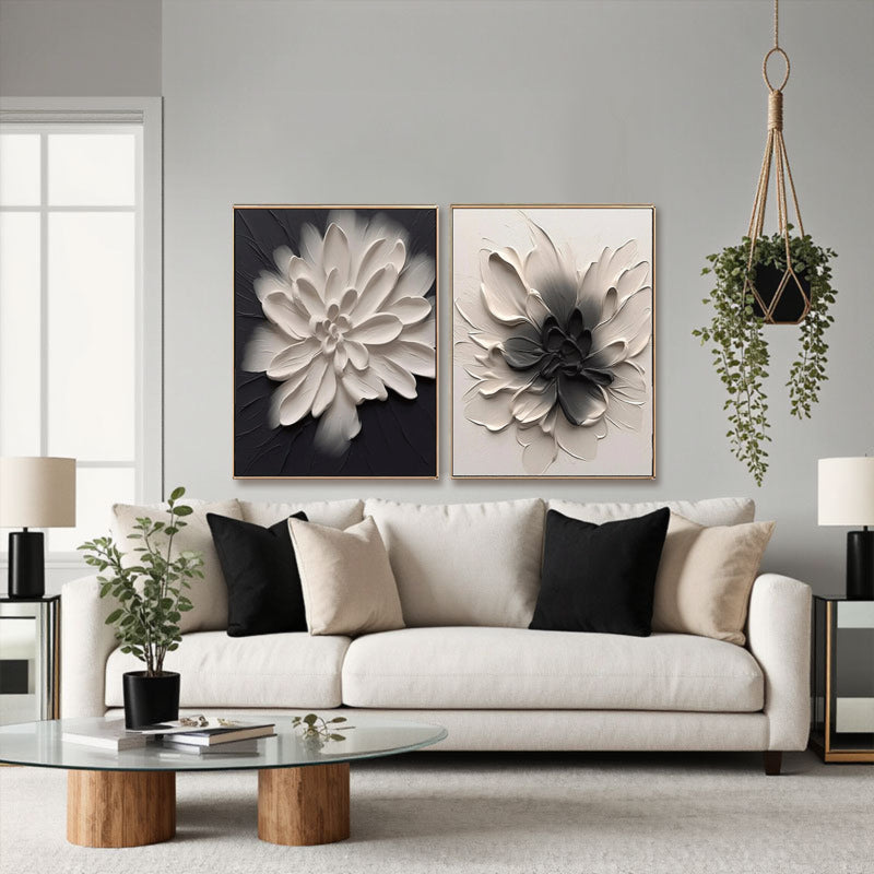 Sculptural Black White Dahlia Canvas Set of 2