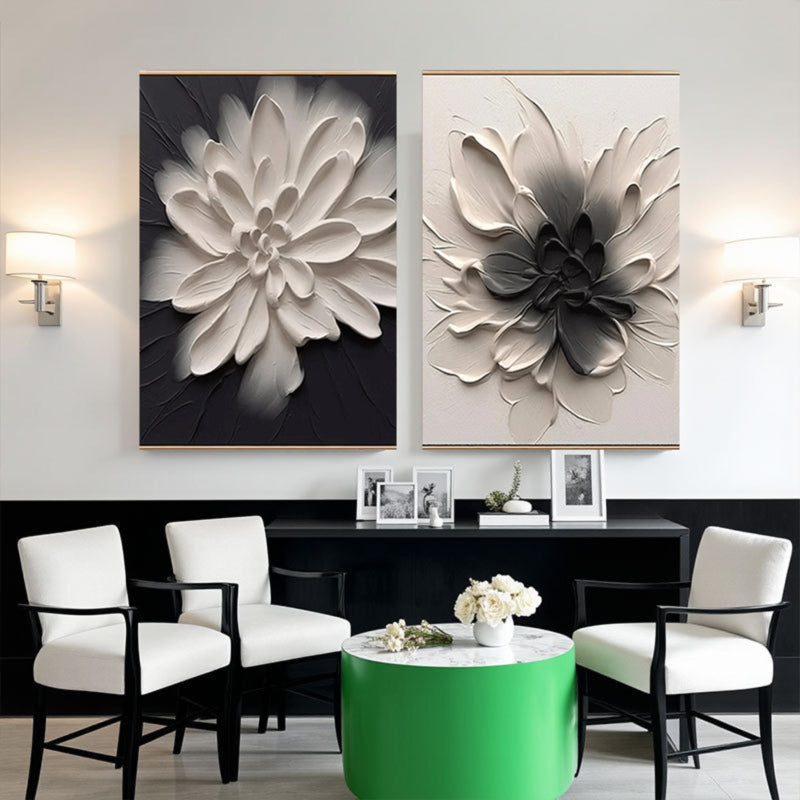 Sculptural Black White Dahlia Canvas Set of 2