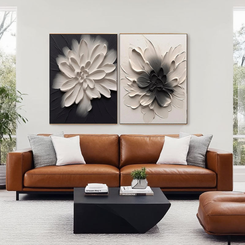 Sculptural Black White Dahlia Canvas Set of 2