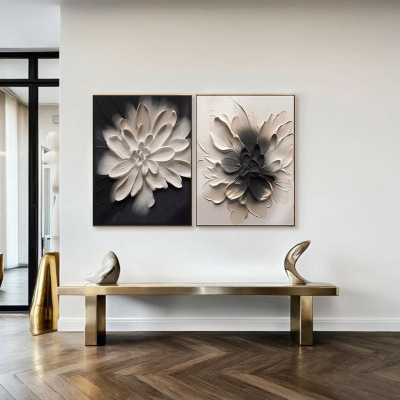 Sculptural Black White Dahlia Canvas Set of 2