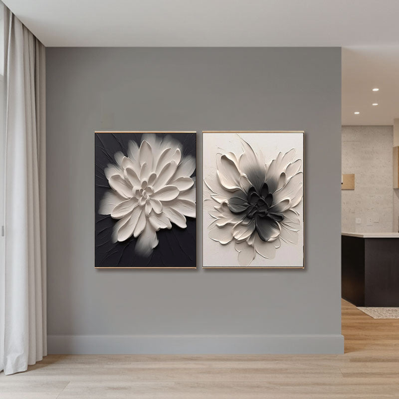 Sculptural Black White Dahlia Canvas Set of 2