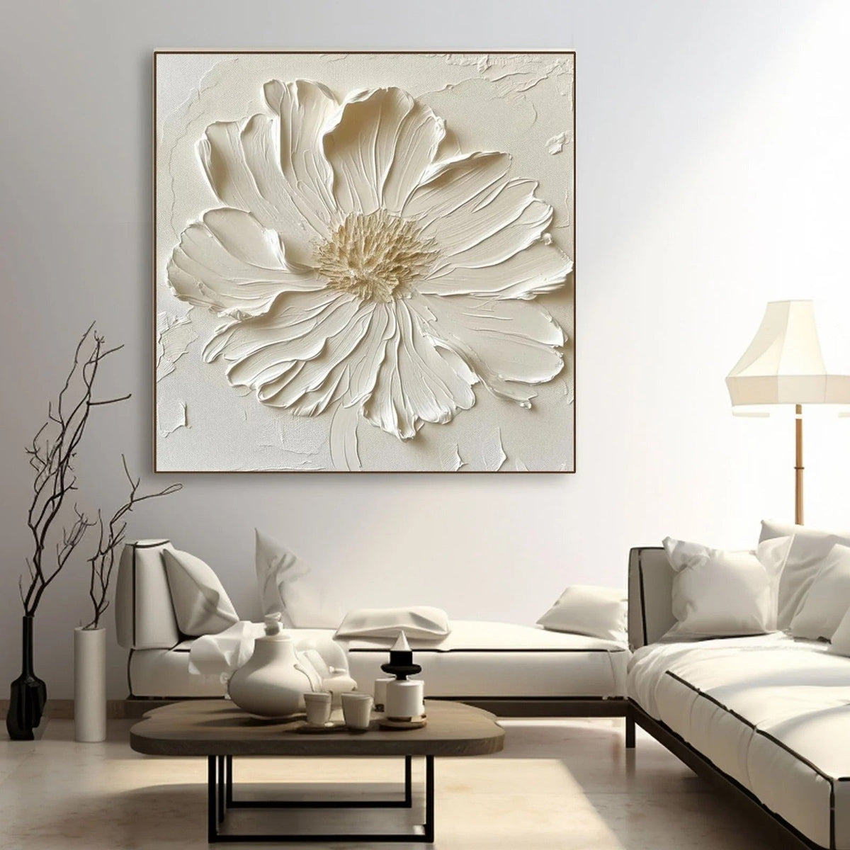 White Textured Flower Wall Art – Minimalist Relief Canvas
