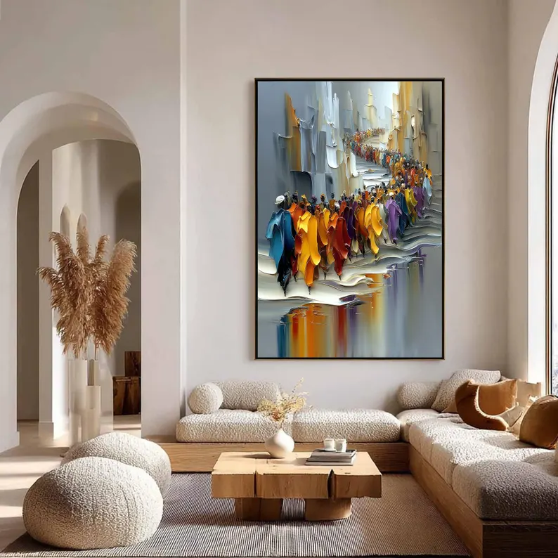 Large Colorful Crowd Procession Canvas Painting