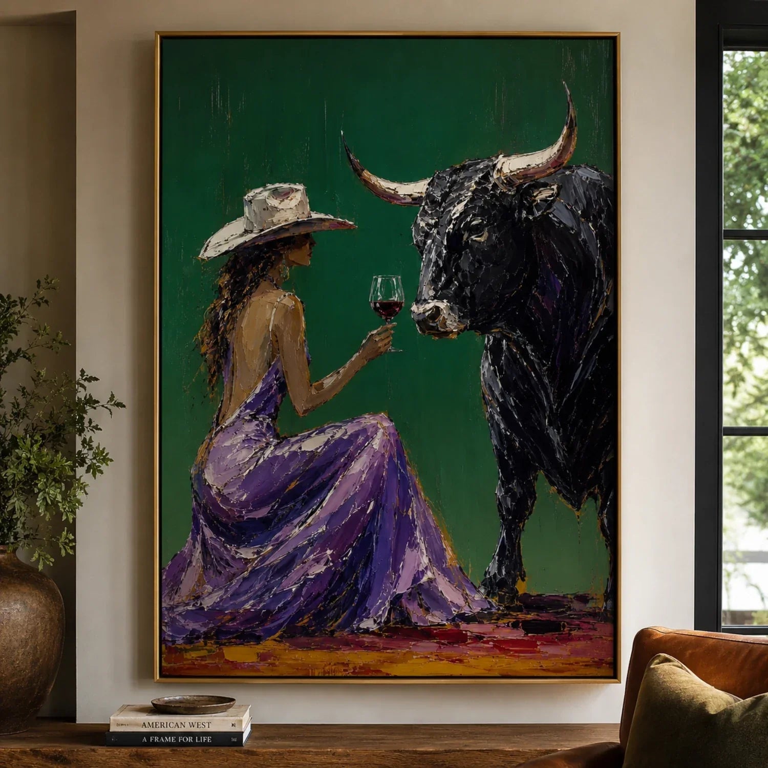 Purple Dress Cowgirl Bull Wall Art
