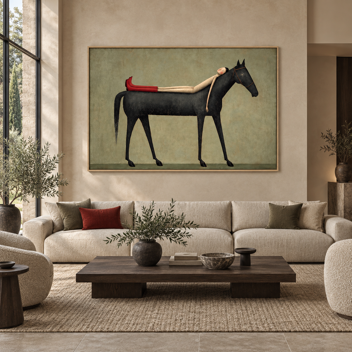 Carried — Woman & Black Horse Surrealist Canvas Wall Art
