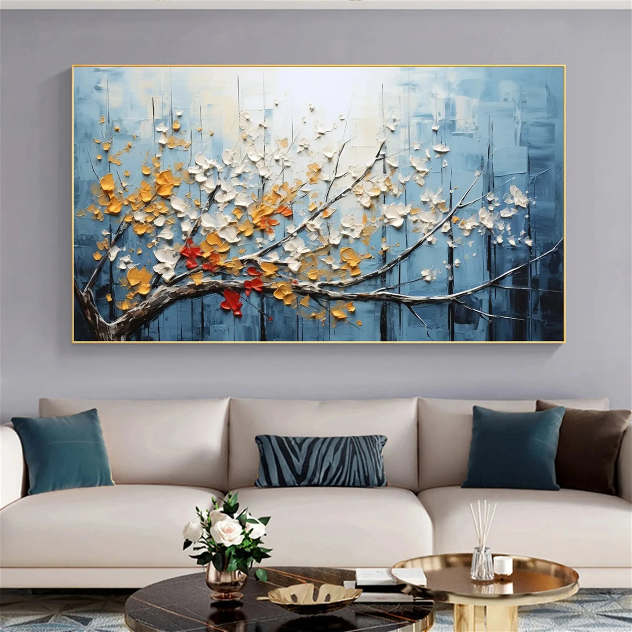 Textured Blue Red Gold Floral Wall Art