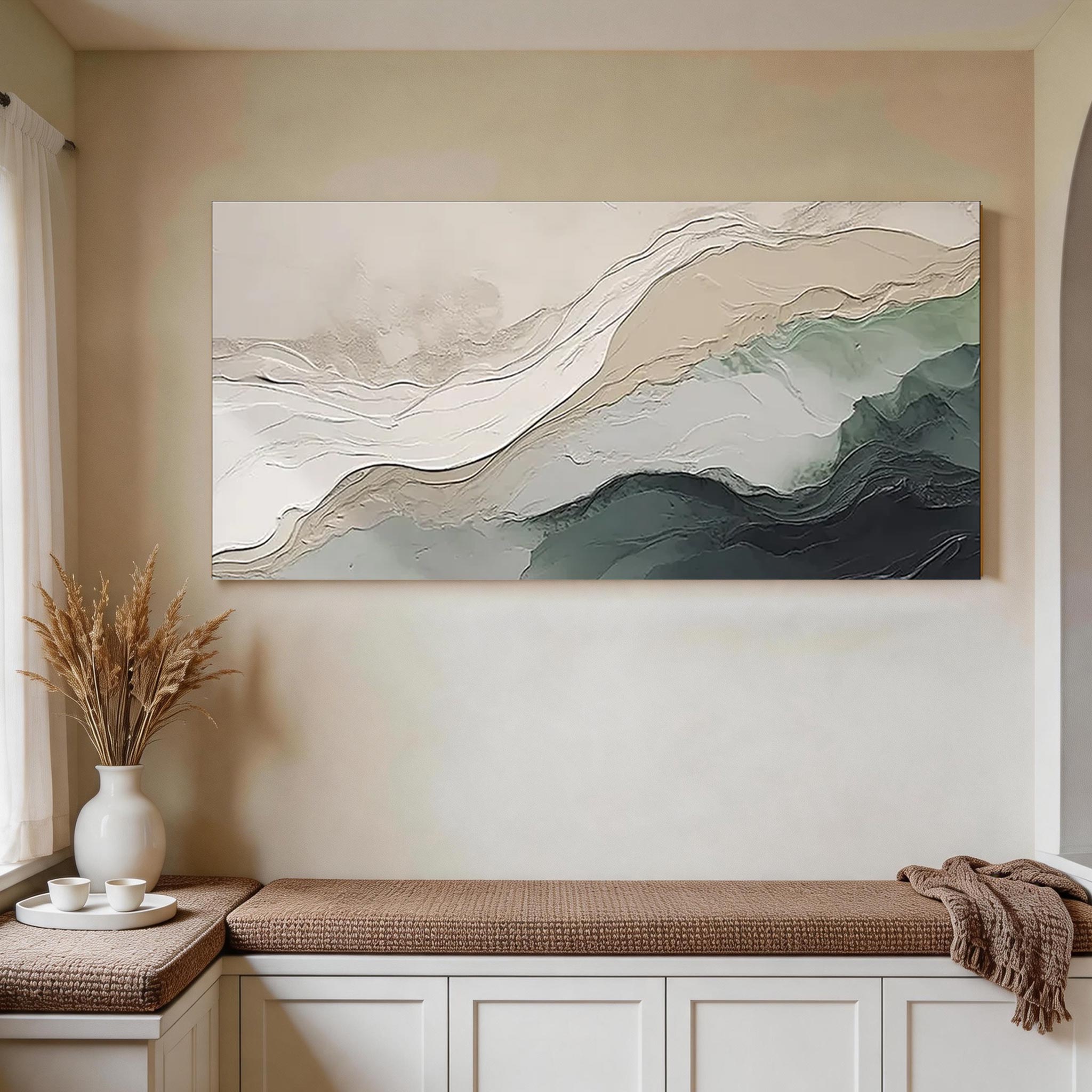 Tidal Layers — Abstract Landscape Canvas Art, Ivory & Sage Teal