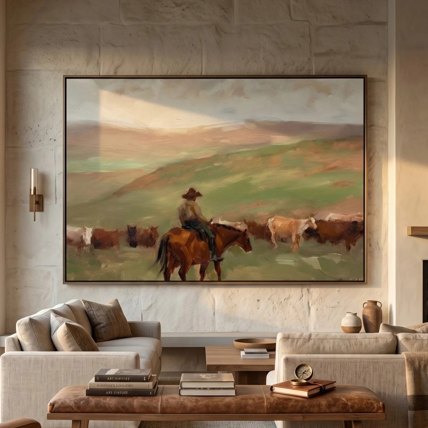 Cowboy with Cattle on Prairie Wall Art