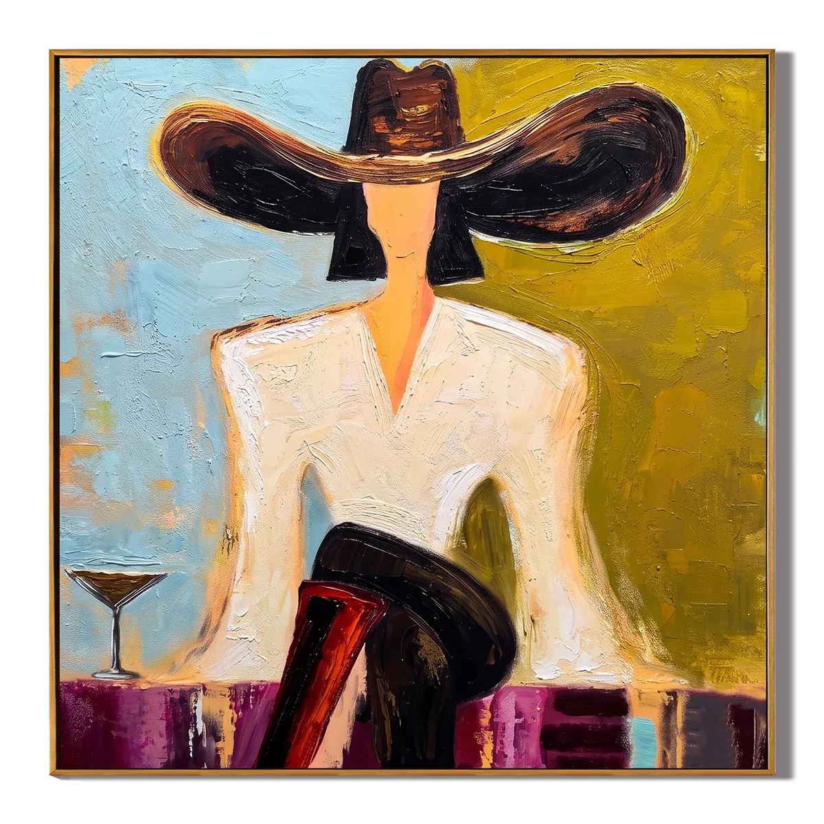 Flat-Toned Wide Brim Hat Figure Wall Art