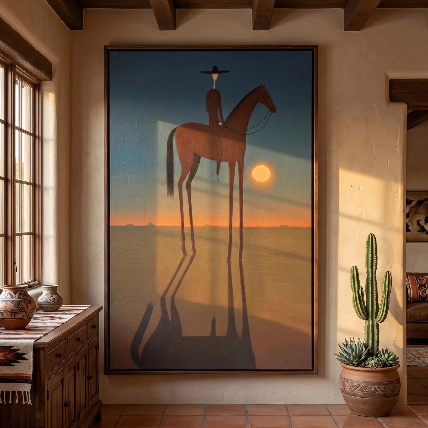Rustic Folk Long-Legged Cowboy Sunset Wall Art