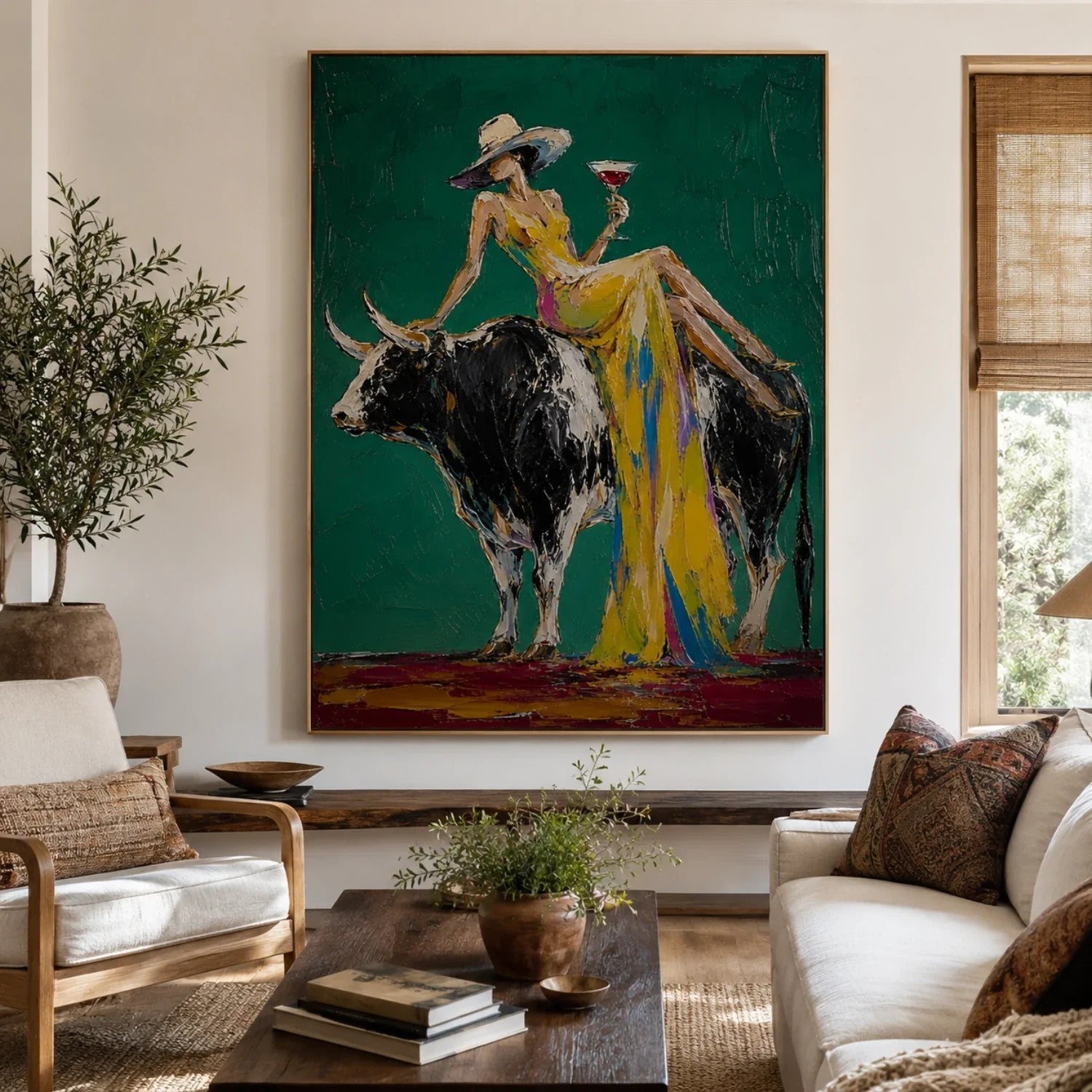 Woman in Gold Riding Bull on Emerald Wall Art