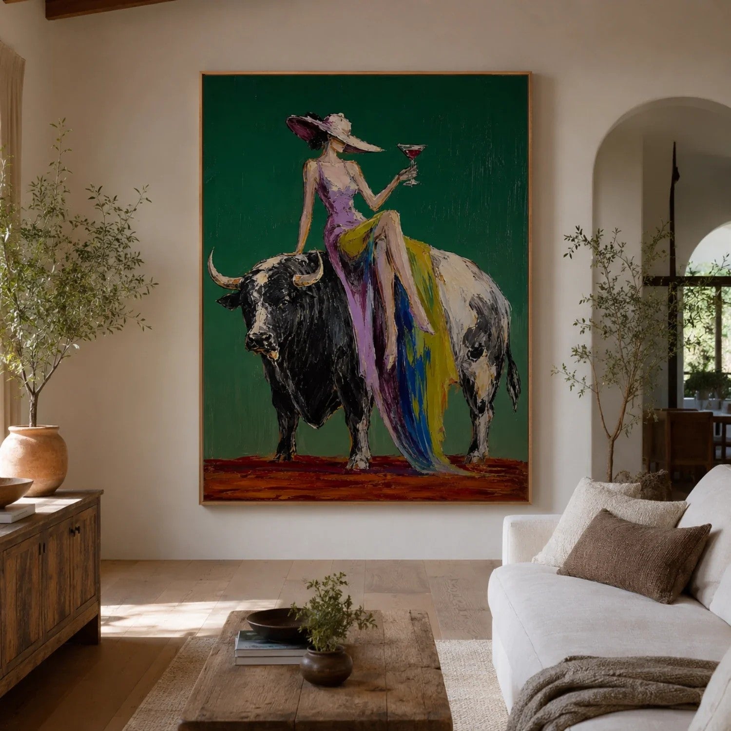 Woman Riding Bull on Emerald Wall Art