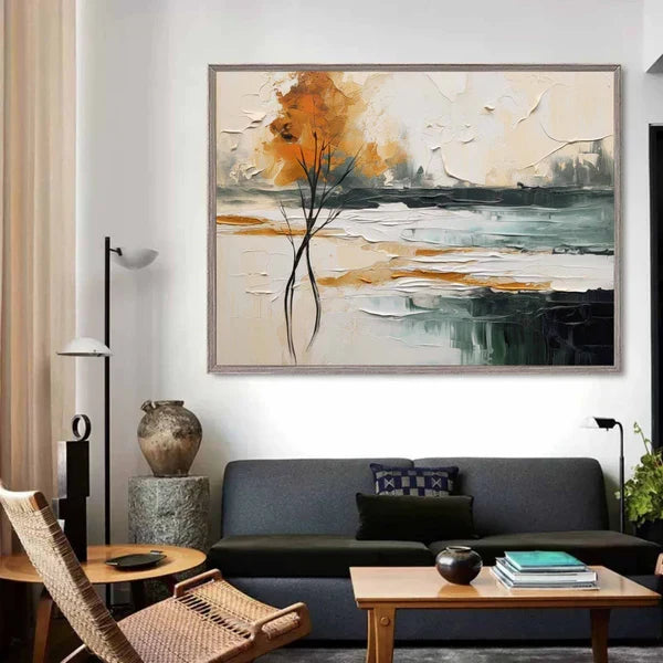 Abstract Landscape Tree Wall Art – Modern Textured Canvas Painting in Warm Tones