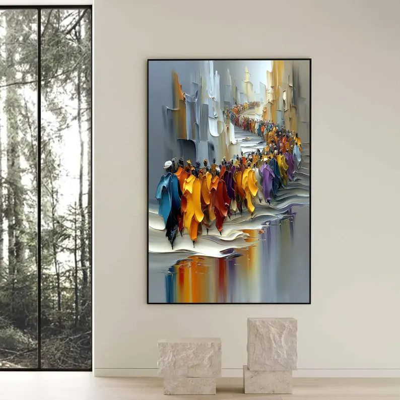 Large Colorful Crowd Procession Canvas Painting
