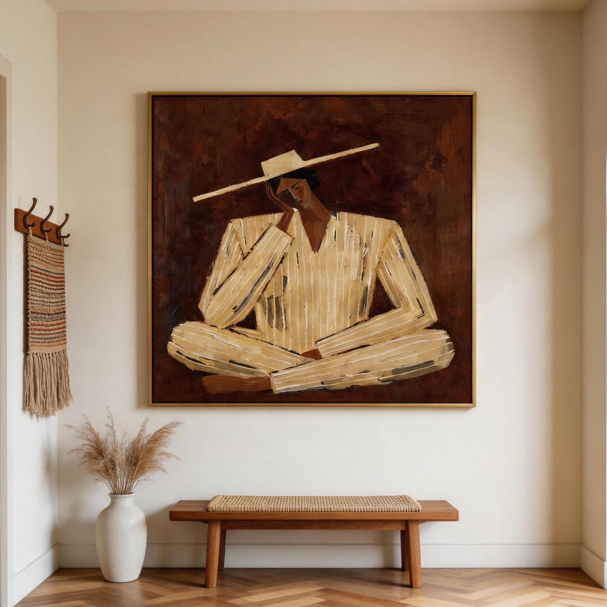 Still — Seated Figure in Wide Hat Canvas Wall Art, Ochre & Oxblood