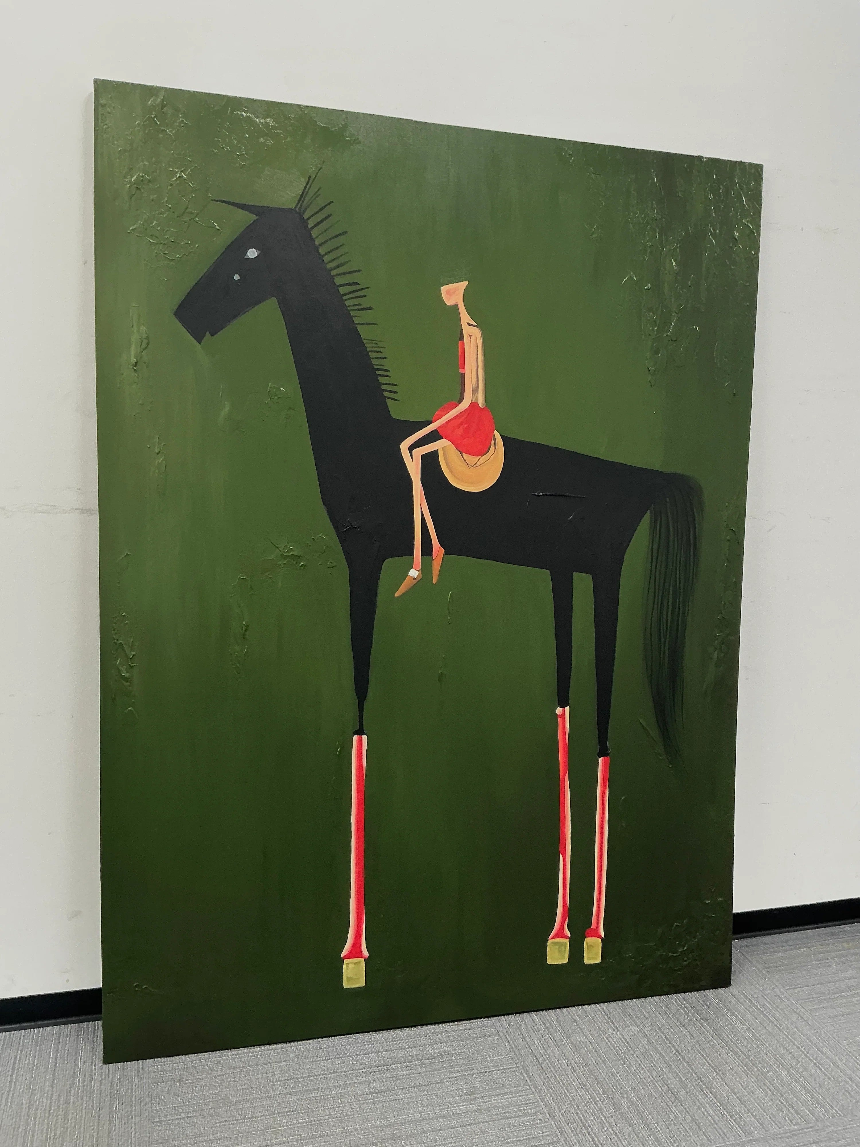 Rustic Folk Elongated Rider on Black Horse Wall Art