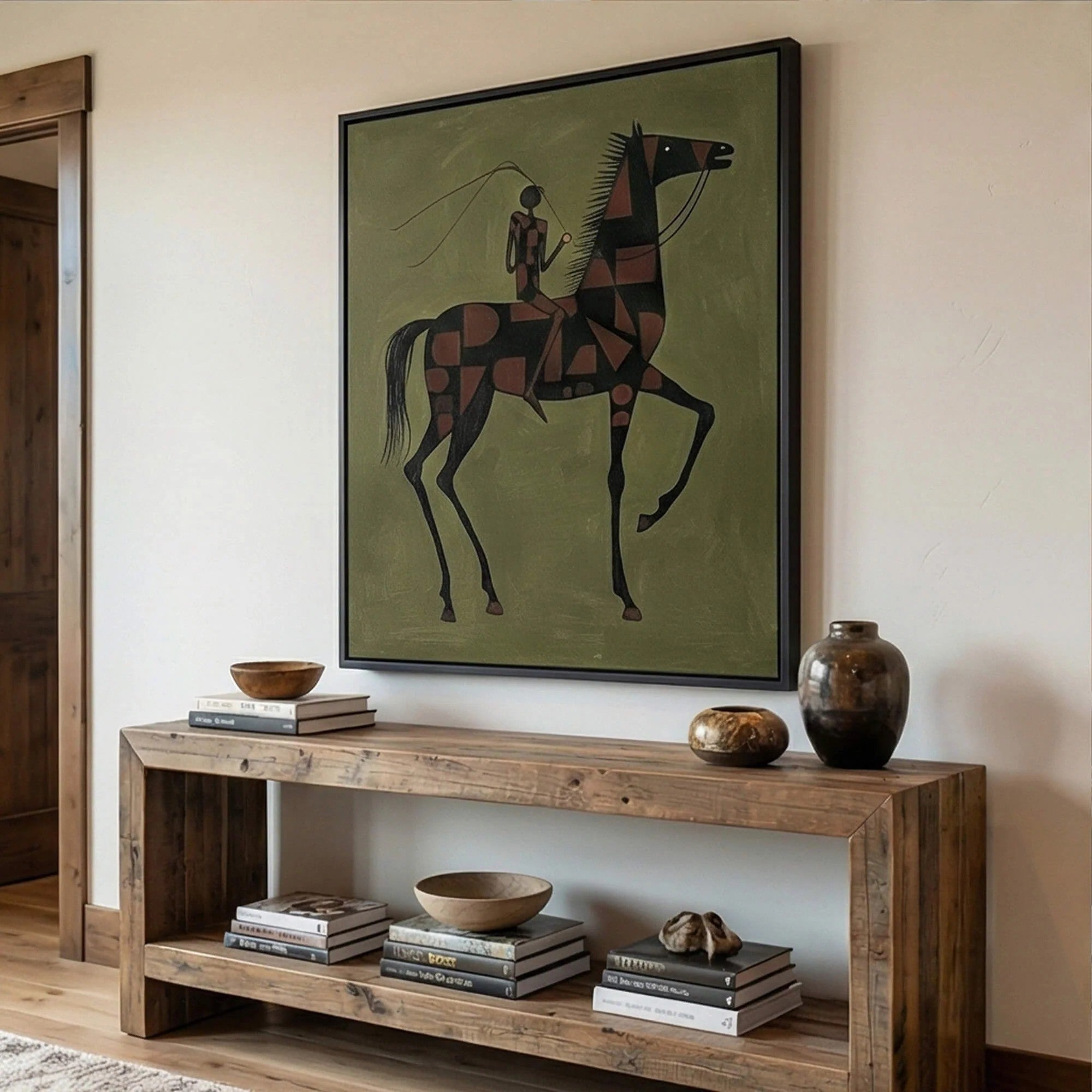 Rustic Folk Checkered Horse & Rider Wall Art