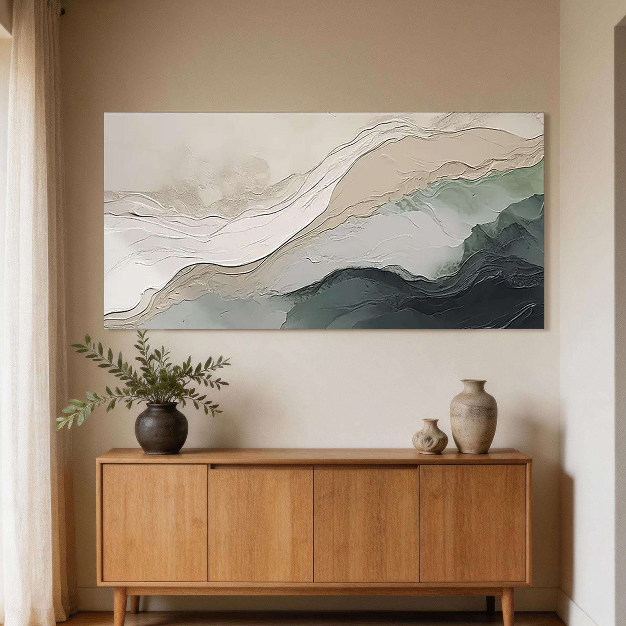 Tidal Layers — Abstract Landscape Canvas Art, Ivory & Sage Teal