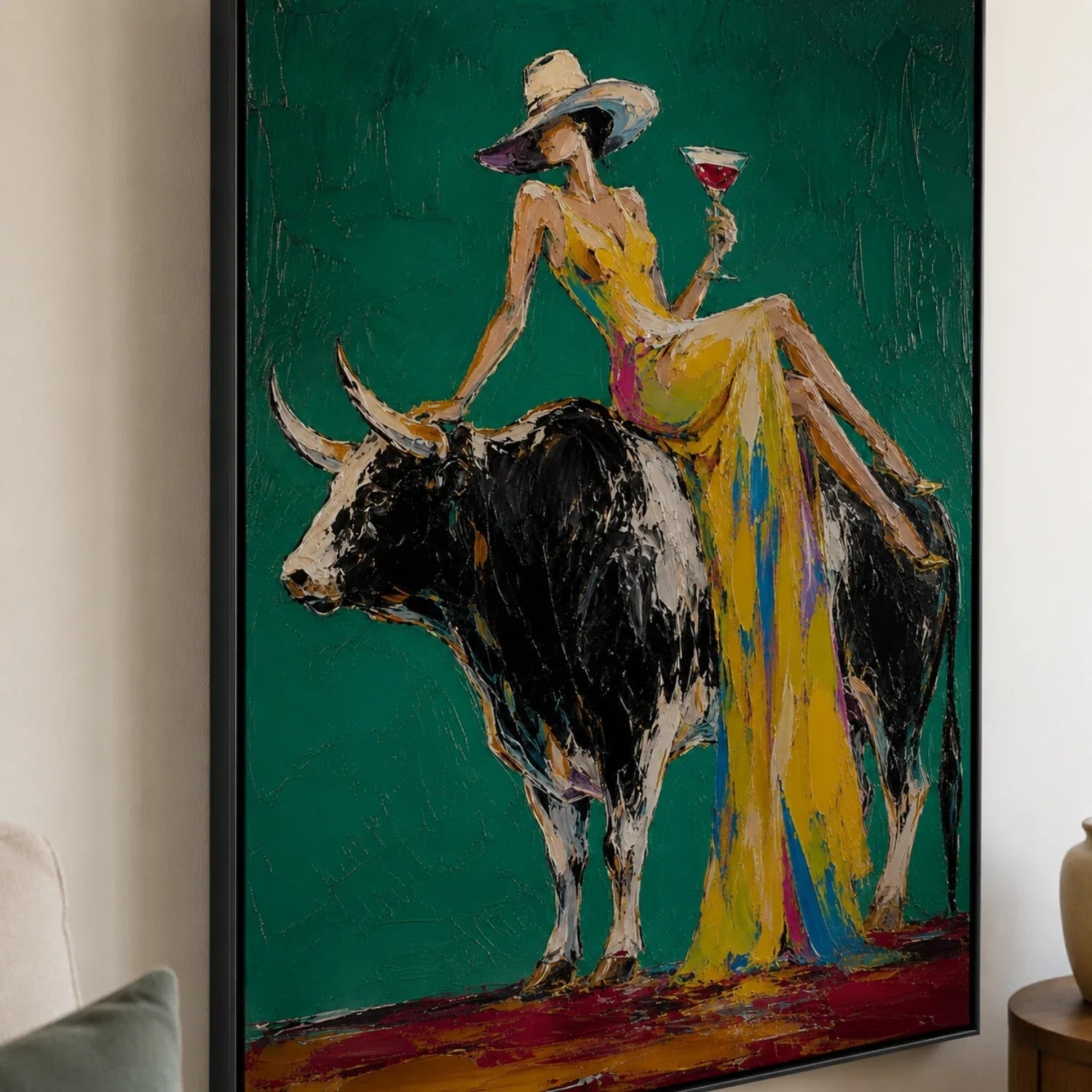 Woman in Gold Riding Bull on Emerald Wall Art
